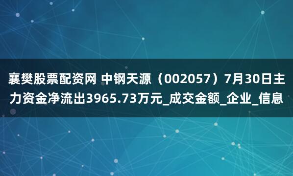 襄樊股票配资网 中钢天源（002057）7月30日主力资金净流出3965.73万元_成交金额_企业_信息